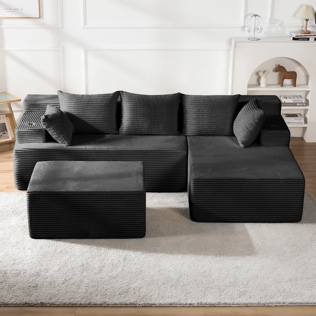 GAZHOMECloud Sectional Couch with Convertible U Shaped Couch, 96.8" Modern Modular Sofa with 5 Pillows, Boneless Corduroy Upholstered Deep Seat Couches for Living Room Bedroom, Black, Right