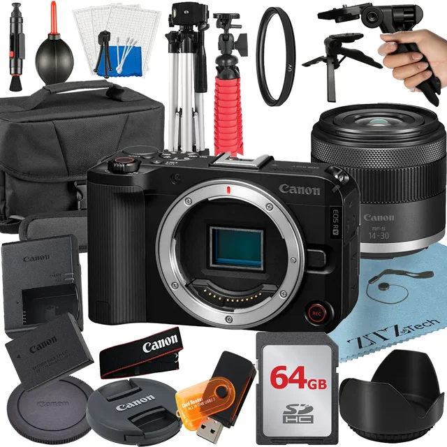 Canon EOS R50 V Mirrorless Camera with 14-30mm lens + 64GB Memory Card + Tripod + ZeeTech Accessory Bundle