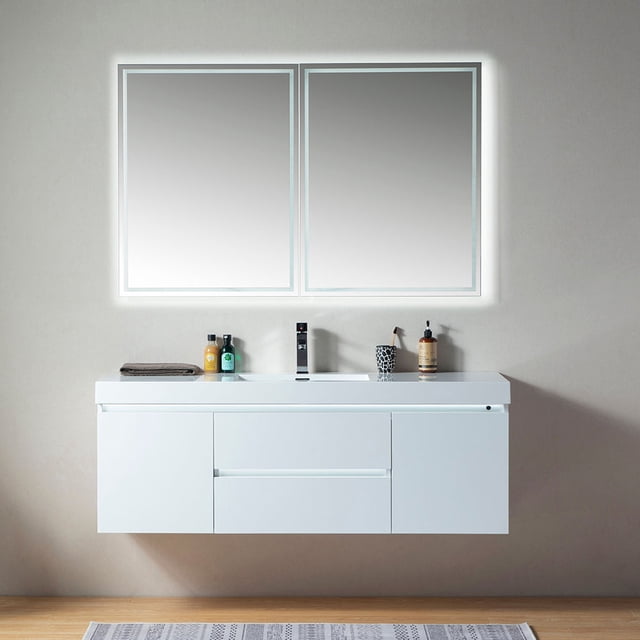 Vanity Art 60 Inches LED Lighted Single Sink Wall Mounted Bathroom Vanity Set 2 Drawers Storage Cabinet White Engineered Stone Top Undermount Rectangle Sink with Sensor Switch