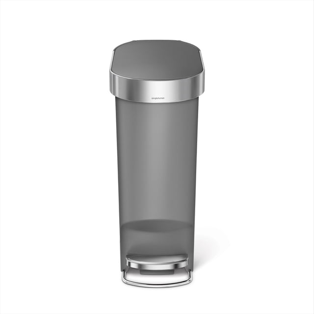 Simplehuman 40 Liter / 11 Gallon Trash Can, Slim Kitchen Step Trash Can with Liner Rim, Grey Plastic. Front-centered view of a slim rectangular step can with matte grey plastic body, stainless steel liner rim lifted to show liner access, strong steel pedal and domed lid with lid shox for a silent close; designed to fit tight spaces between cabinets and also suitable for narrow laundry or recycling stations.