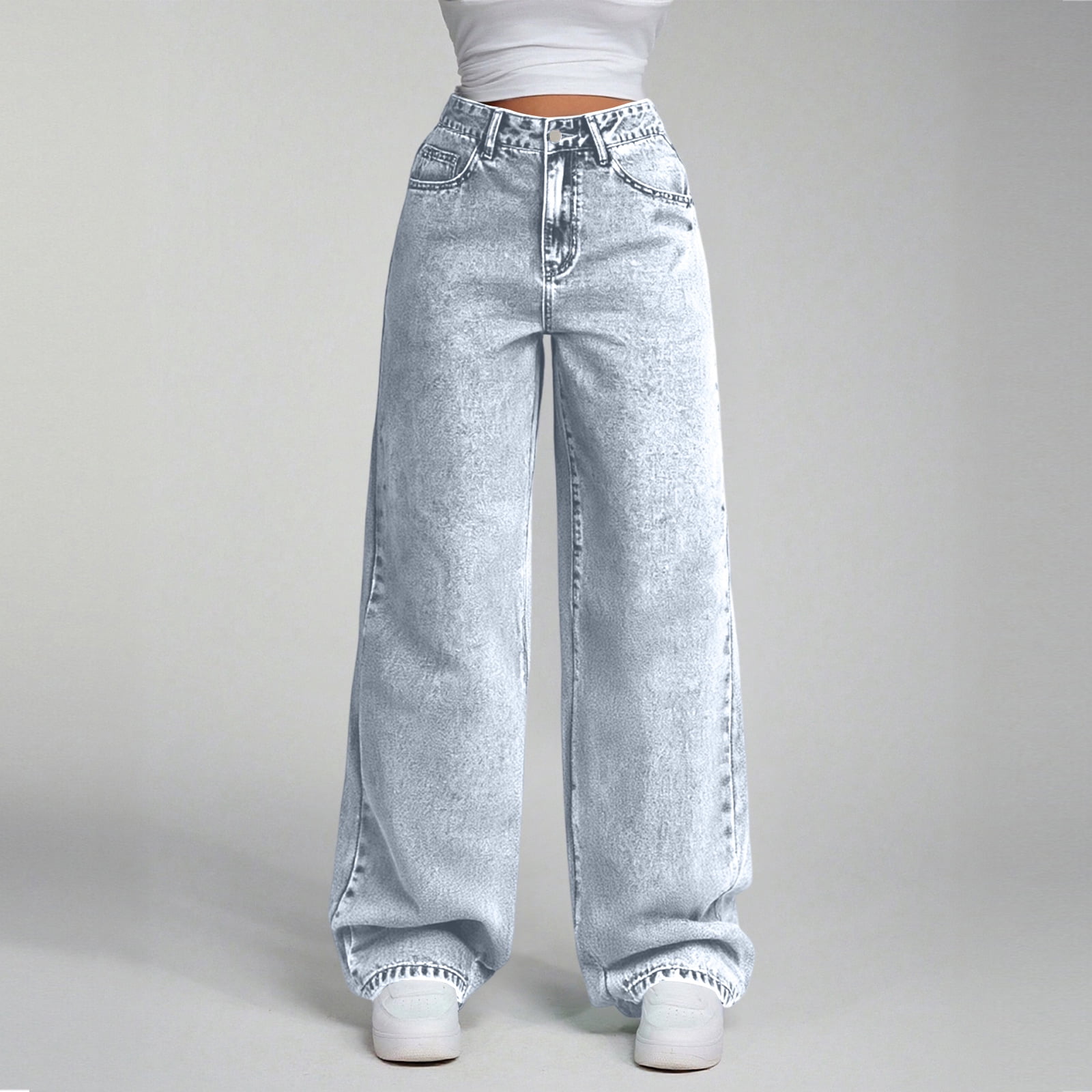 CHCNHAC Jeans à Jambe Grand pour Femmes 2025 Taille Haute Extensibles Jeans à Jambe Droite Mode à Coutures devant Pantalon en Denim Ample Rétro Y2k