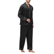 ylioge Silk Pajama Sets for Men Two Piece Satin Loungewear Outfits Lightweight Pajamas Solid Long Sleeve Shirts and Pants Sleepwear Set with Pocket
