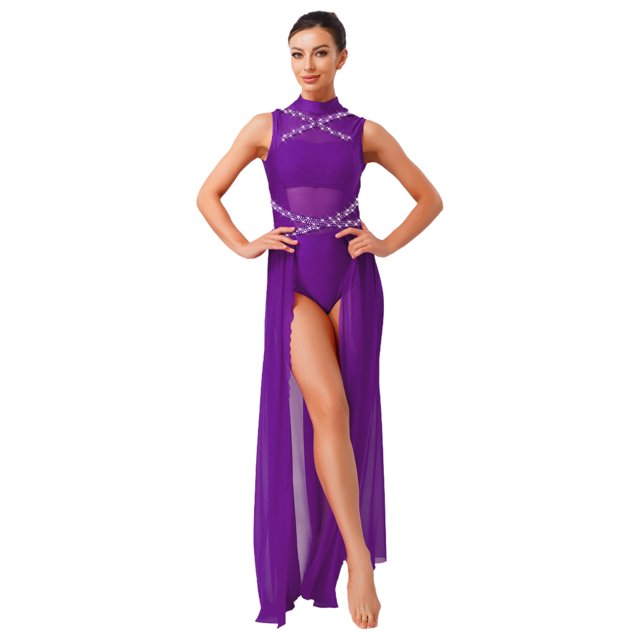 renvena Costumes de Danse Lyrique pour Femmes Sans Manches à Col Roulé Dos Nu Robe Maxi en Maille Tulle Violet m