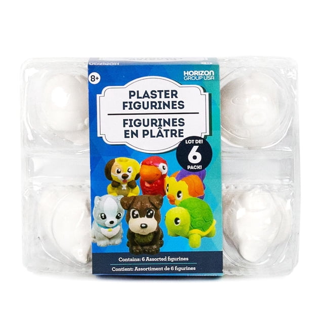 Plaster Figurines by Horizon Group USA, a 6-pack of ready-to-paint mini animal figurines including a parrot, dog, fish, cat, turtle, and puppy, each about 2 inches tall with smooth plaster surfaces ideal for craft paints and markers, packaged in a clear plastic tray with bilingual blue label.