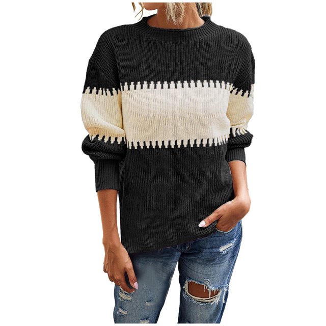 IROINID Chandail à Col Rond pour Femmes, Bloc de Couleur, Décontracté, Mi-Long, Manches Longues, Haut Assorti, Blouse Tricotée