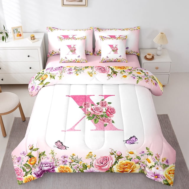 Erosebridal Letter Initial Bedding Sets Twin Size,Monogrammed Personalized Comforter Sets with Sheets,Flower Decor,Reversible,Breathable,7-Piece