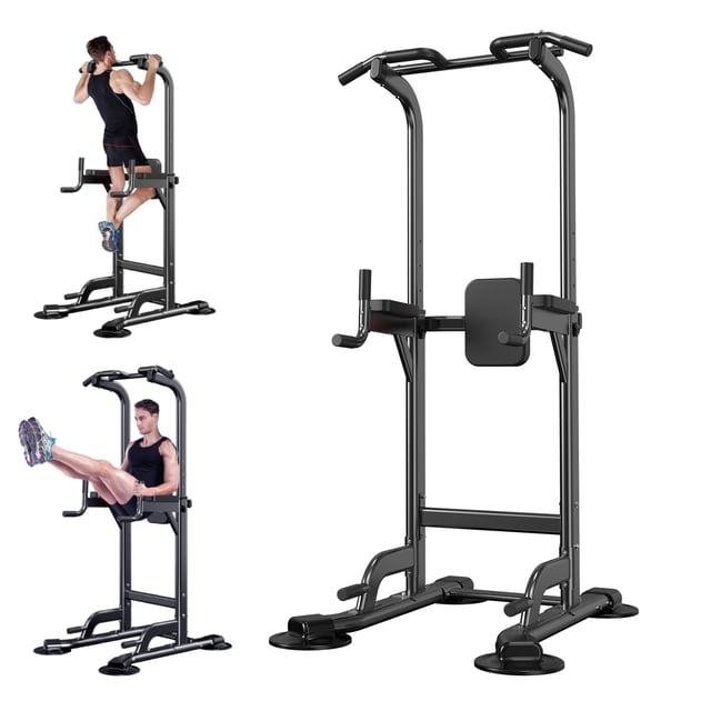 Power Tower Adjustable Height Pull Up & Dip Station Multi-Function Home Strength Training Fitness Workout Station for Home Gym. This black steel power tower includes anti-skid handles, a padded backrest, and elbow pads for comfort and safety. It supports up to 700 lbs and is designed for pull-ups, dips, push-ups, and vertical knee raises. The height is adjustable across six levels, accommodating various users. Its compact dimensions of 43.3 inches in length, 32.7 inches in width, and adjustable height from 72.8 to 92.5 inches make it a space-saving option for home gyms.