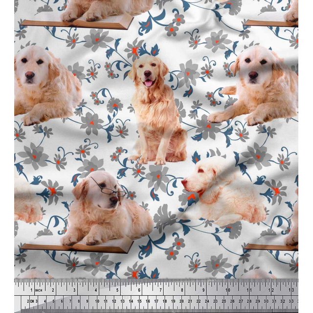 Soimoi Poly Georgette Fabric Floral,Book & Golden Retriever Dog Print Fabric by The Yard 52 Inch Wide