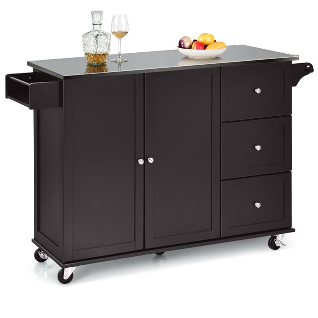 Costway Kitchen Island 2-Door Storage Cabinet Stainless Steel Top w/ Drawers