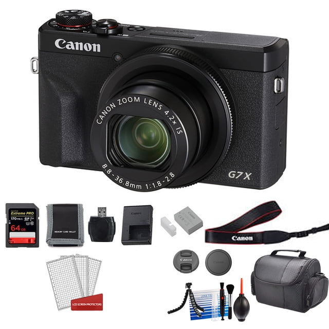 Canon PowerShot G7X Mark III Appareil Photo Noir, Doté d'Un Capteur CMOS Empilé de 20,1 Mpx de 1 Po et d'Un Processeur d'Images DIGIC 8 pour une Mise au Point Rapide, une Prise de Vue de 20 Ips et un Enregistrement Vidéo UHD 4K30p. Comprend un Objectif zoom Optique 4,2x avec une Plage de Longueur Focale Équivalente de 24-100 mm. le kit Est Livré avec une Carte Mémoire Extreme PRO SDHC/SDXC de 64 Go, un Lecteur de Carte USB,