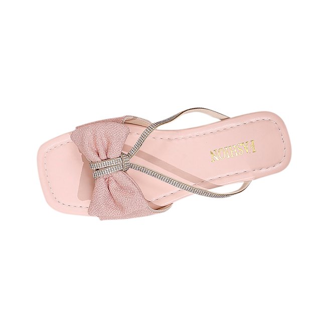 Slide for Womens Flat Open Square Toe Rhinestone Strappy Bow Non Slip Beach Summer Sandals Pink