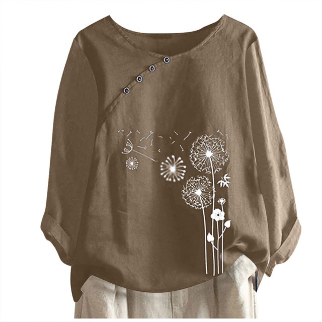 CHUANK Hauts pour Femmes en Liquidation à Moins de 10$ Hauts pour Femmes Décontractés Printemps Été Manches Longues Coton Lin Imprimé Graphique Pissenlit Col Rond Blouses Vintage Grande Taille