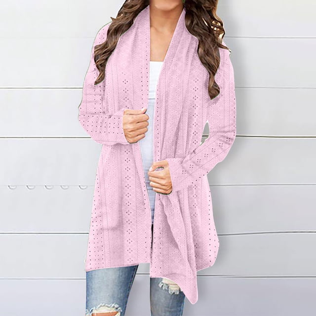 AherBiu Womens Lightweight Cardigans Longer Length Casual Jacket Crochet Open-Front Sweater Cardigan with Pockets