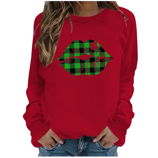 CEHVOM Womens Solid Shirts Round Neck Long Sleeve Tops Printed Regular Blouse Clearance