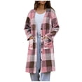 thumbnail image 1 of RXMEKW Plaid Wool Blend Coat With Button Front And Pockets for Women, Longline Cardigan Jacket, Brown, 1 of 6
