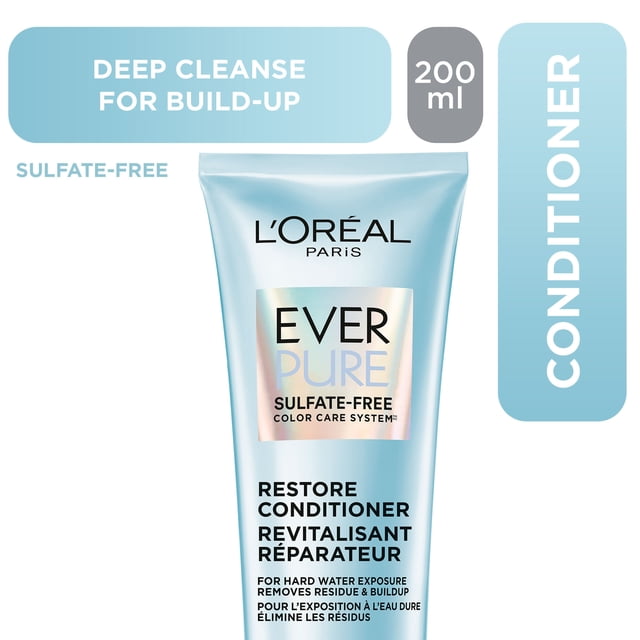 EverPure Clarify & Restore, Sulfate-Free Conditioner 200ml by L'Oréal Paris, light blue tube with black text, designed to deeply cleanse buildup and restore moisture for color-treated hair exposed to hard water, featuring dual-action technology for hydration and residue removal.