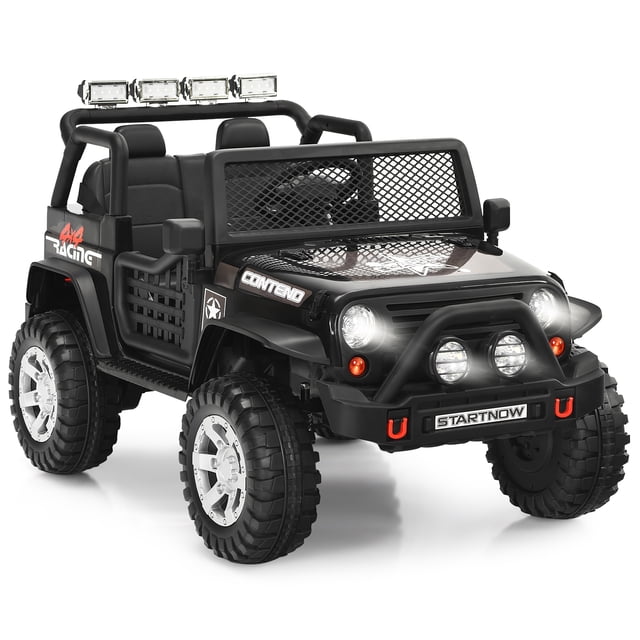 Patiojoy Kids Ride on Truck 12V Electric Truck in black, a battery-powered ride-on toy with realistic design featuring LED lights, spacious seat, and durable plastic body. Includes spring suspension for smooth rides, double lockable doors, and parental remote control for safety. Suitable for children aged 3 years and older, with a maximum weight capacity of 110 lbs.