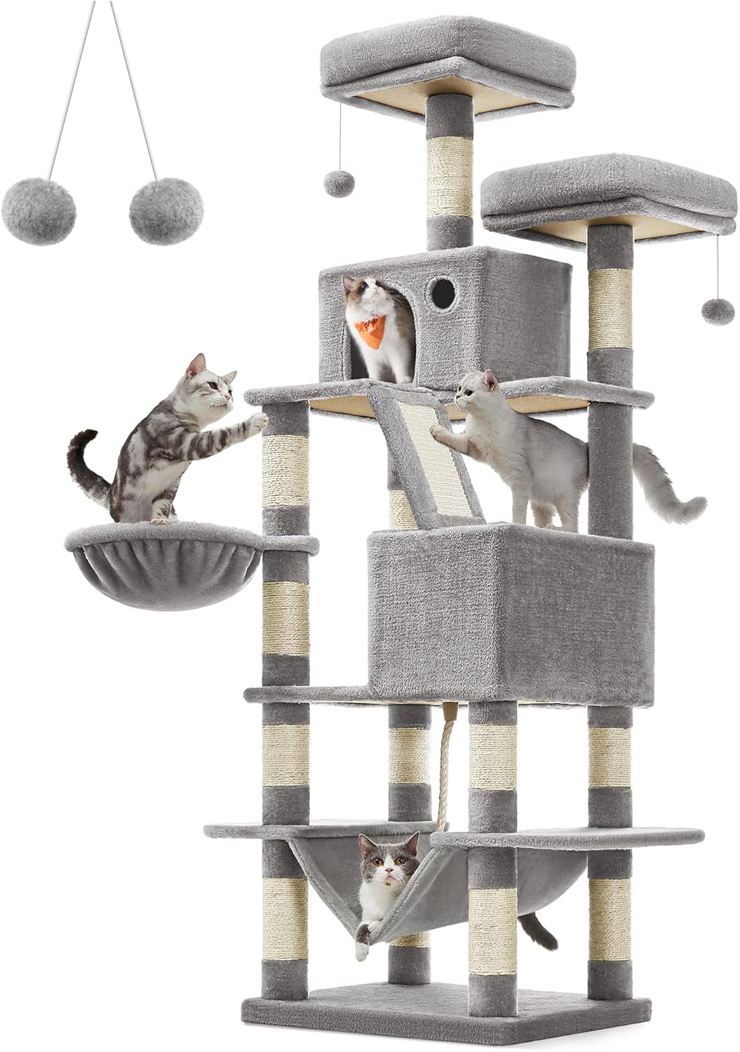 Feandrea Cat Tree, 66.1-inch Large Cat Tower with 13 Scratching Posts, 2 Perches, 2 Caves, Basket, Hammock, Pompoms, Light Gray