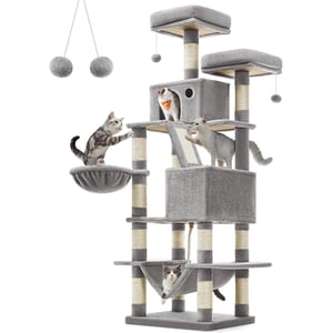 Feandrea Arbre de chat, 66.1 pouces Grande tour de chat avec 13 Postes de fouille, 2 Perches, 2 Grottes, Panier, Hammock, Pompons, Gris clair