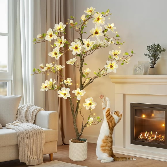 4FT Faux Magnolia Plant with 66 Flowers, Realistic Artificial Tree in White Pot