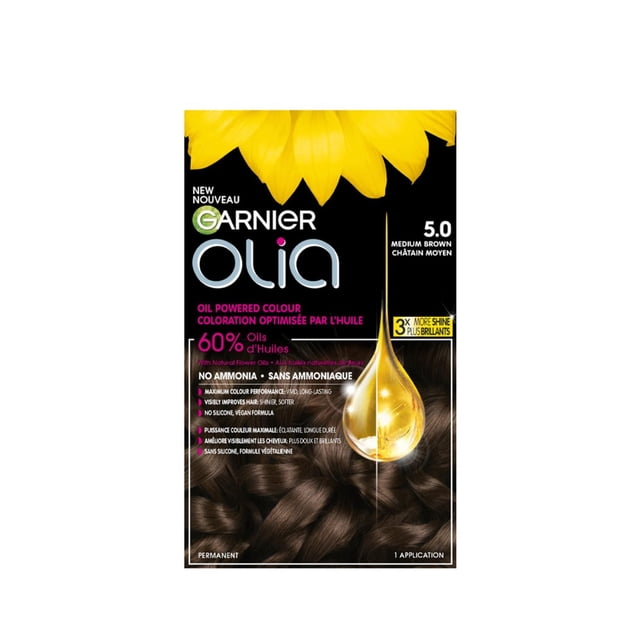 Olia Teinture Capillaire Permanente Sans Ammoniaque par Garnier en Brun Moyen 5.0, Alimentée par l'Huile avec 60 % d'Huiles Florales Naturelles, Formule Sans Ammoniaque pour une Couleur Vive et Durable et 3X Plus de Brillance, Montrée par une Fleur Jaune et une Goutte d'Huile Dorée sur Fond Noir.