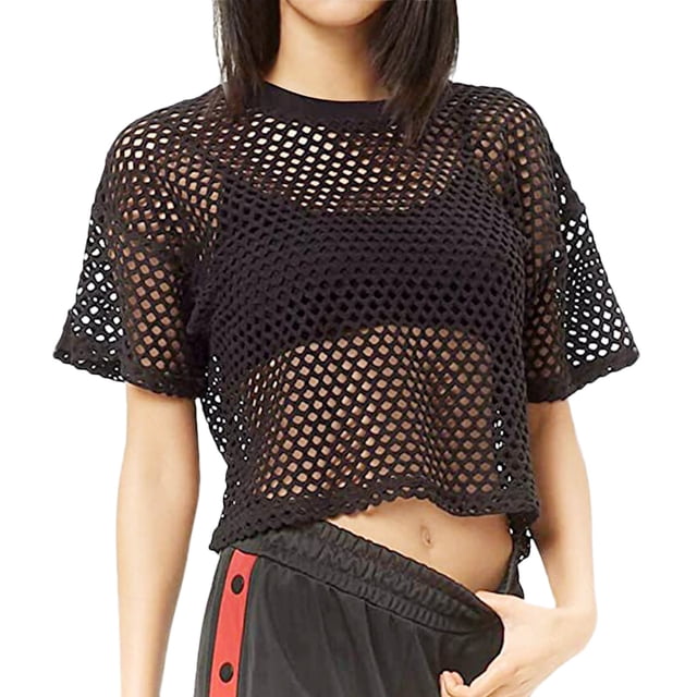 T-Shirt en Résille Transparent pour Femmes, Crop Top, T-Shirt Moyen, T-Shirt d'Entraînement, Manches Longues, Polyester Rayé, T-Shirt Court pour Femmes