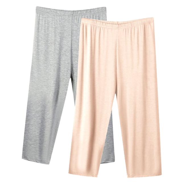 MeetoTime Lot de 2 Pantalons de Pyjama Capri pour Femmes Pantalons de Détente pour le Sommeil Taille Élastique Capris Grande Taille P-5TG