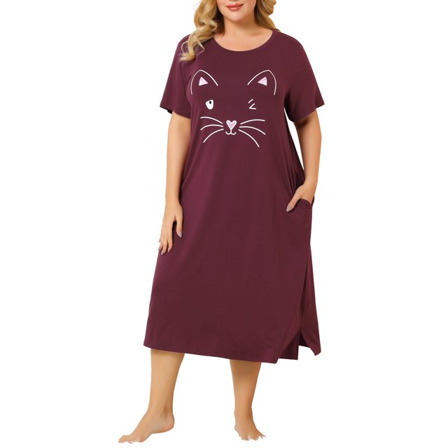 Agnes Orinda Nuisettes pour Femmes Grande Taille Fête des Mères Col Rond Manches Courtes Robe de Nuit Imprimé Chats Pyjamas Détente Maison avec Poche 1X Bourgogne