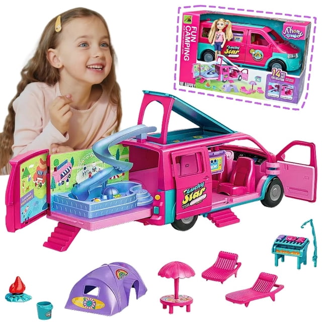 TMATCHQJOY Doll Camper Van Playset for Girls,Portable Pretend Doll Car Set for Kid,Colorful Camper Vehicle RV Van with Furniture, Pool & Accessories,Outdoor Transformable Vehicl