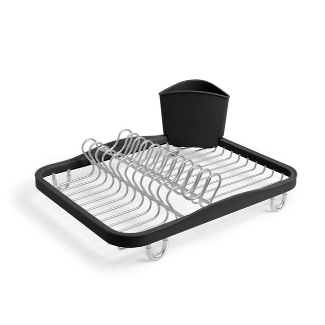Umbra Sinkin Dish Rack in smoke and nickel, a compact in-sink drying rack with coated metal wire and black polypropylene frame, featuring a removable utensil holder with drainage holes and non-slip rubber feet, suitable for most standard kitchen sinks and countertop use.