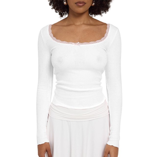 Gupgi Women Long Sleeve Crop Top Lace Trim Top Spring Slim Fit Basic Tops