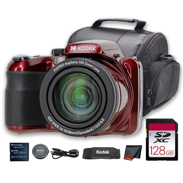 Kodak PIXPRO AZ425 Appareil Photo Numérique (Rouge) (AZ425RD) + Carte 128 Go + Sac + Chiffon