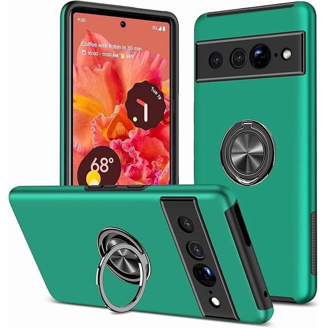 KOMI Pixel 7 Case, Google Pixel 7 Case with HD Screen Protector, Shockproof Google Pixel 7 Phone Case with 360° Magnetic Ring Holder Kickstand Phone Case for Google Pixel 7 Green