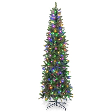 Patiojoy Arbre de Noël Entièrement Artificiel de 7,5 Pi, Arbre de Noël Pré-Illuminé avec Lumières DEL Blanc Chaud et Multicolores, Support Métallique Pliable