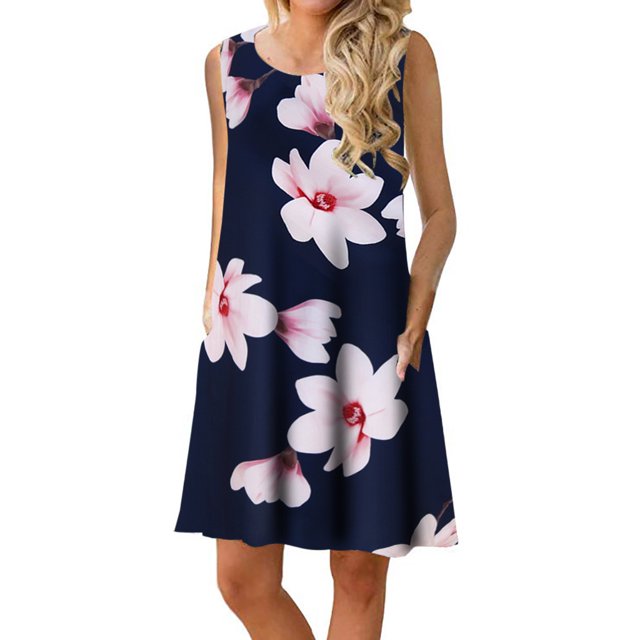 CPOKRTWSO Robe Midi Décontractée d'Été Sans Manches à Poches Imprimée Florale pour Femmes