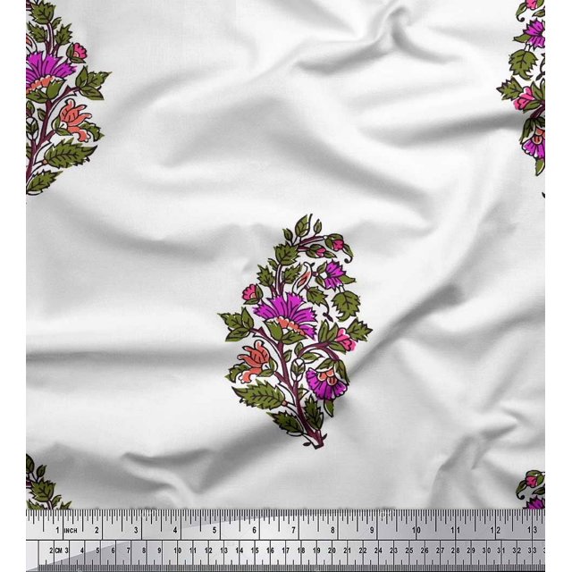Soimoi Modal Satin Fabric Leaves & Floral Block Print Fabric by The Yard 42 Inch Wide