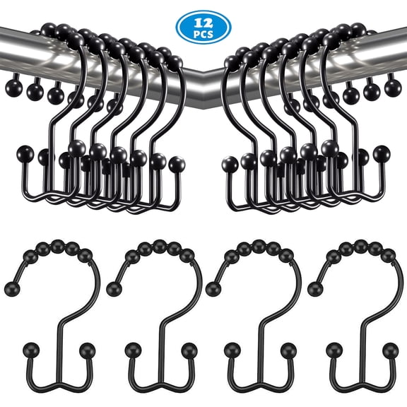 NimJoy Set of 12 Double Shower Curtain Hooks, Easy Glide Metal Rollerball Shower Ring Hook, Matte Black Finish