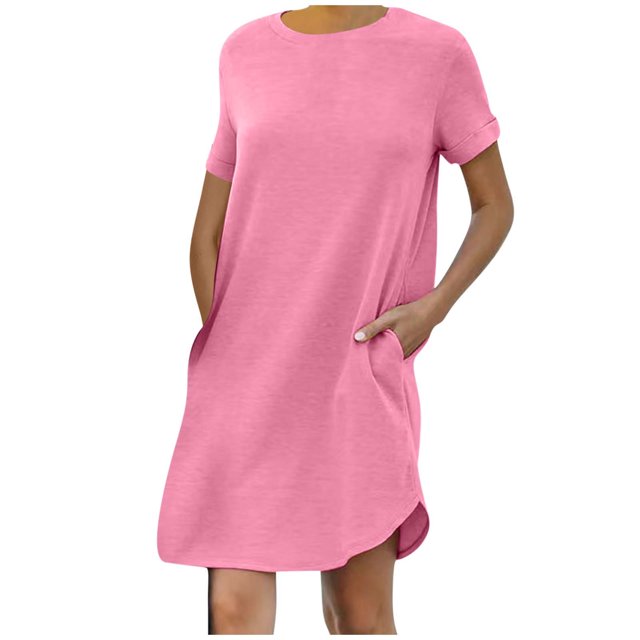 AherBiu Robe T-Shirt pour Femmes 2024 Été à Manches Courtes Col Ras du Cou Mini Robe Décontractée Ample Courte avec Poches