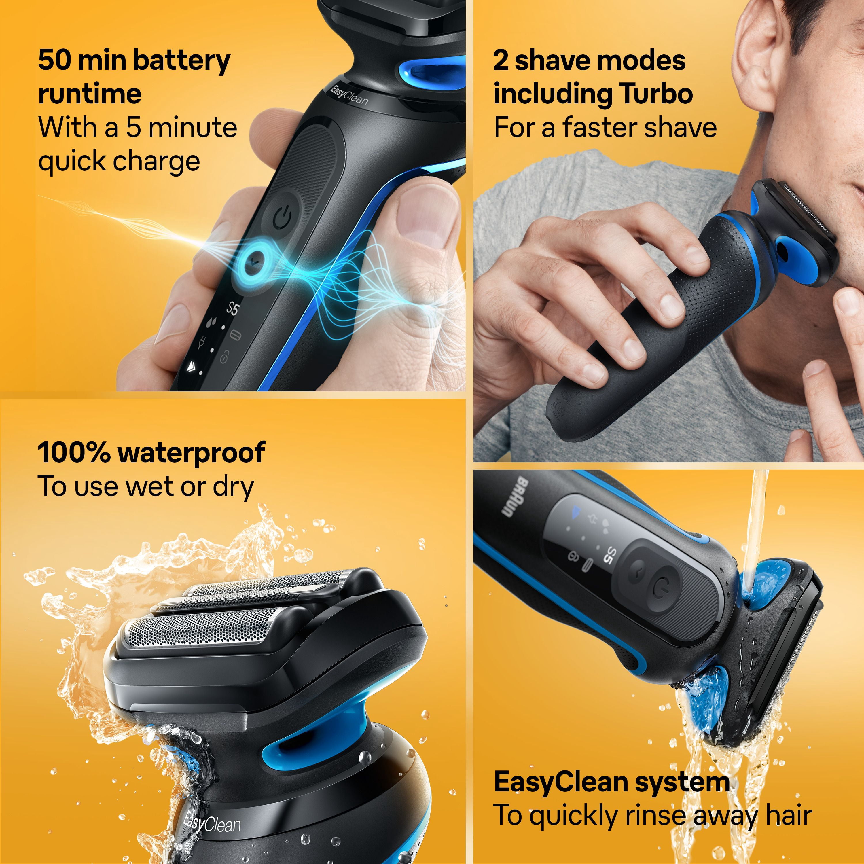 Braun Electric Shaver for Men, Series 5 5118s, Wet & Dry Shave, Turbo Shaving Mode, Foil Shaver, Engineered in Germany, Li-Ion battery up to 50 min, with Precision Trimmer, Blue