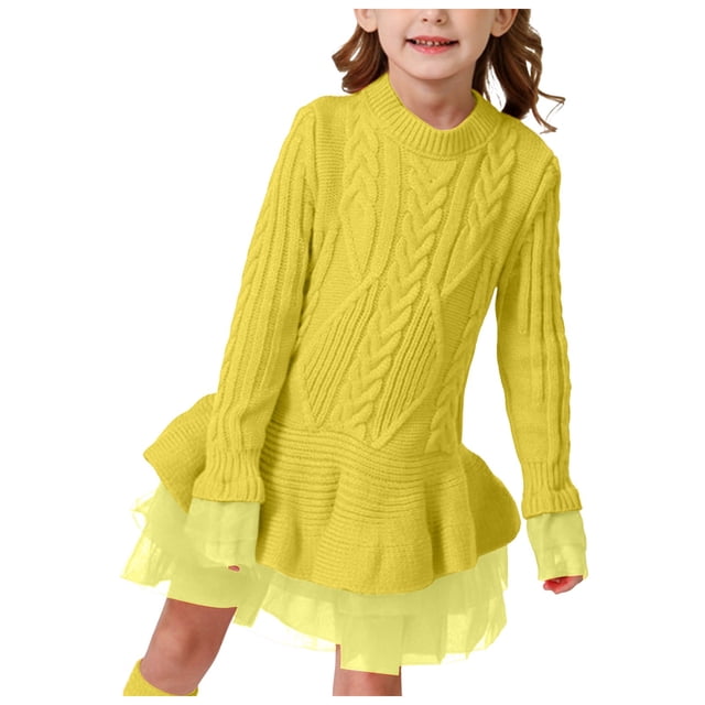 Splozh Robes pour Bébé Fille Printemps et Automne Filles Hiver Robe de Fête à Manches Longues Robe en Maille à Motif Jaune, 3-4 Ans