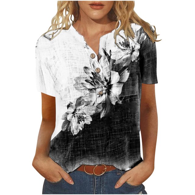 Cameland T-Shirt à Manches Courtes Décontracté d'Été pour Femmes, à Boutons, Col Rond, Chandail Blouse Hauts