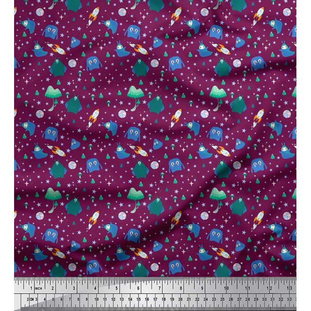 Soimoi Poly Georgette Fabric Star,Planet & Alien Cartoon Print Sewing Fabric Yard 42 Inch Wide