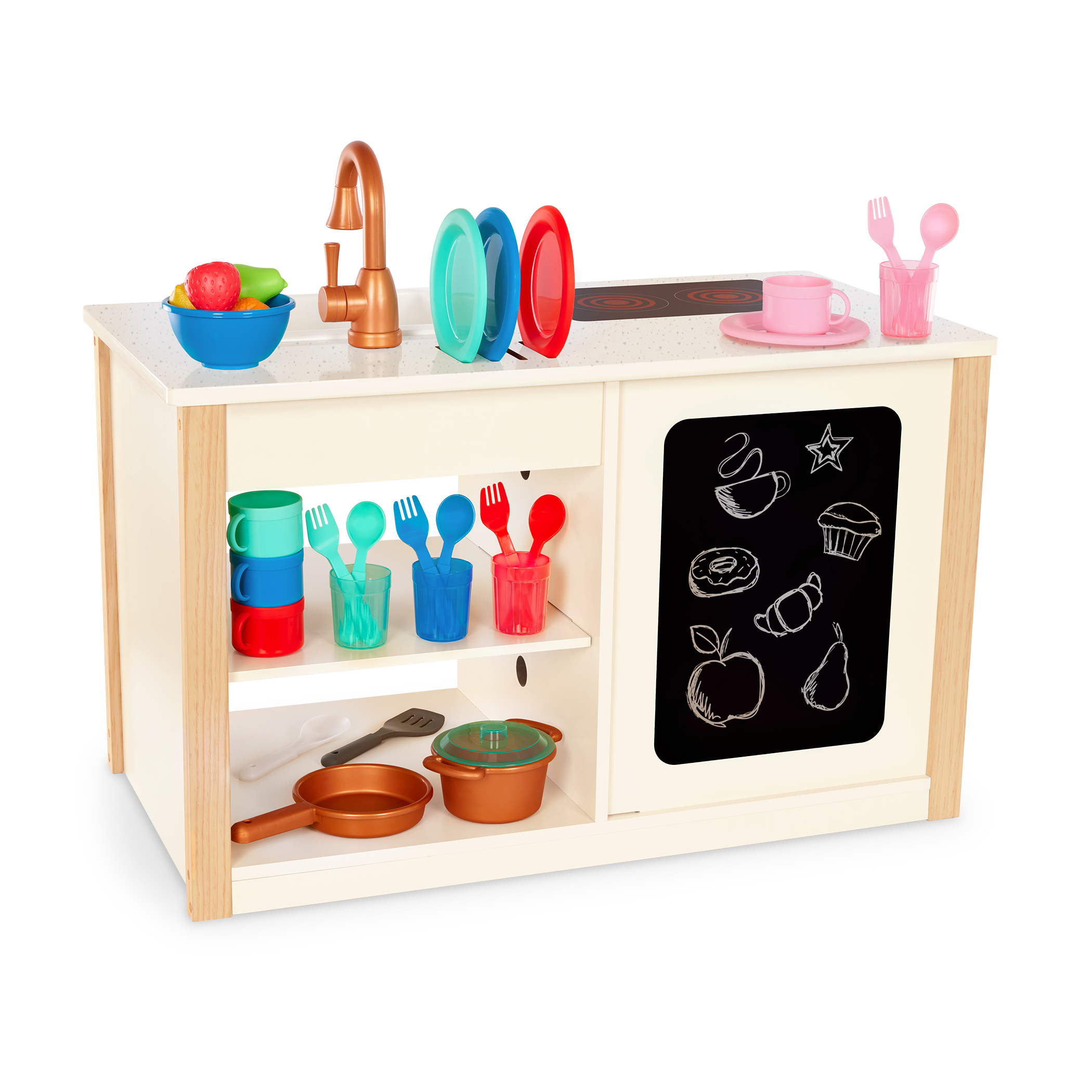 Two in One Wooden Kitchen Café with Dishes and Chalkboard, Toddler and Preschool Toys by Battat