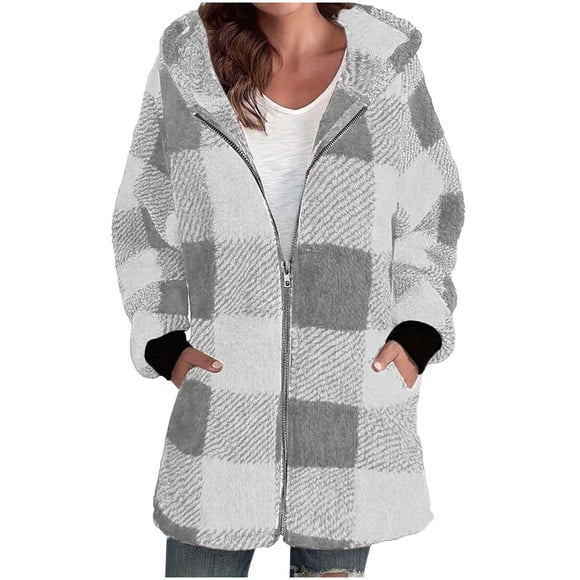 aohooy Sherpa Womens Oversized Plaid Jacket - Zip Up with Hood Fleece Fuzzy Long Loose Heavyweight Shacket Coats Gray,M