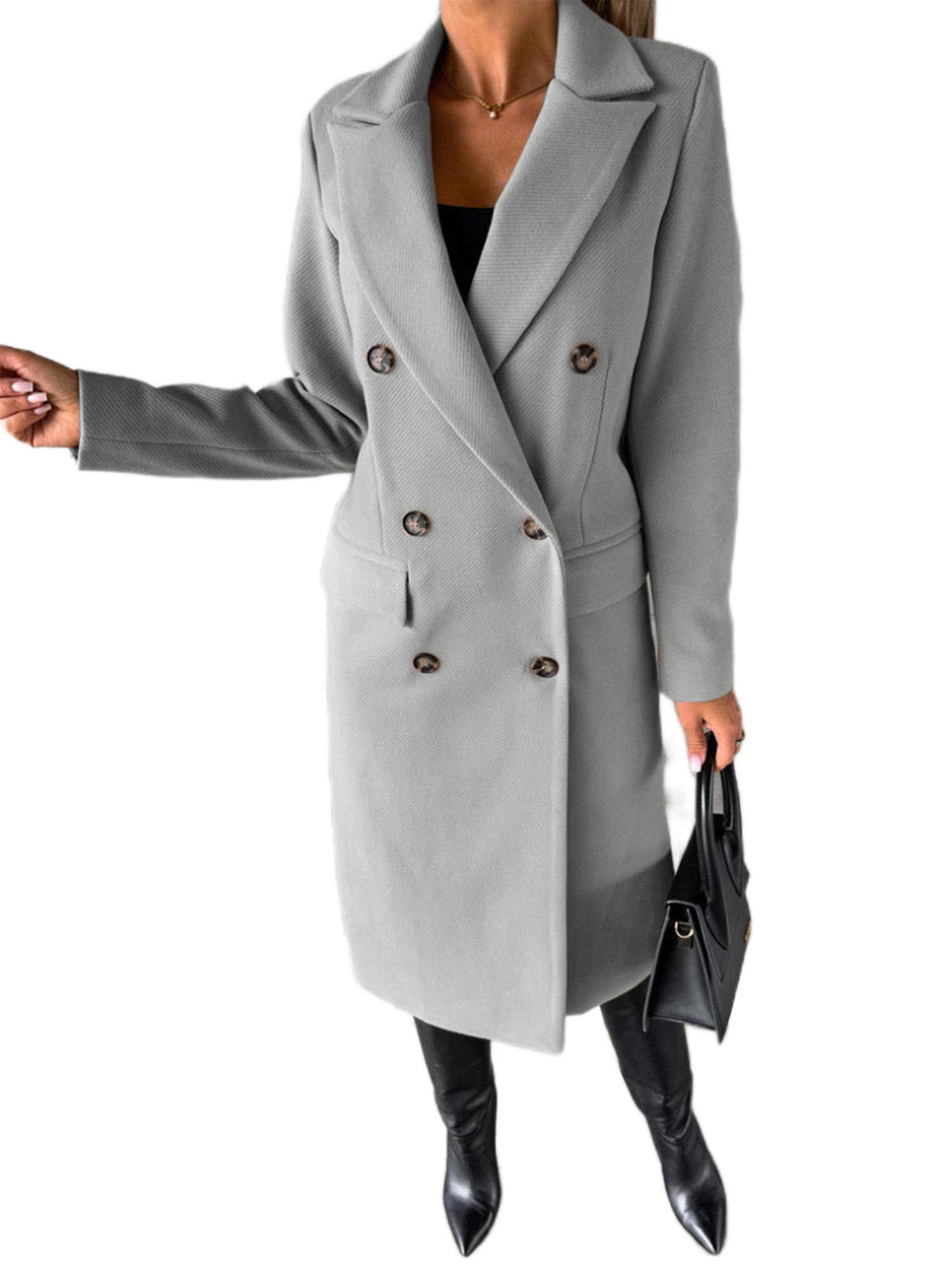 MAWCLOS Ladies Classic Solid Color Outwear Holiday Lapel Pea Coats Light Grey S