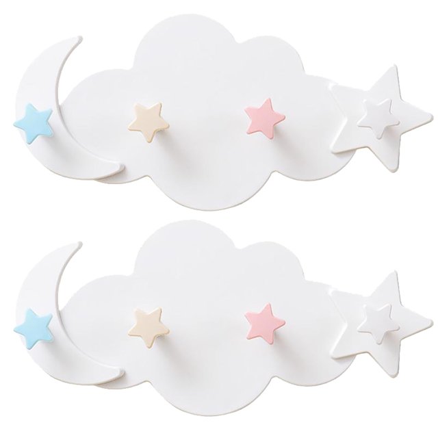 2pcs Lovely Cloud Moon Star Shaped Hooks Adhesive Wall Hangers Wall Racks (White)