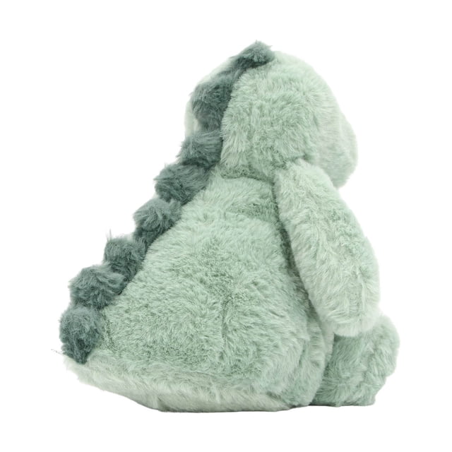 Kids Stuffed Animal, a soft and cuddly dinosaur-shaped plush toy made from plush fabric and PP cotton. The toy features a light green body with darker green textured spikes along its back, designed for toddlers and kids. Machine washable, suitable for hugging, play, and educational simulation activities.