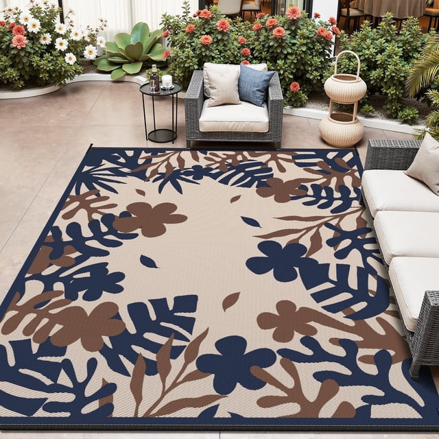 Outdoor Rug 6x9 ft Outdoor Carpet Camping Mat-Modern Floral & Leaf Rugs Reversible Mat Plastic Straw Rugs for Patio Camping RV Porch Balcony Backyard Picnic Deck Beach Beige&Dark Blue