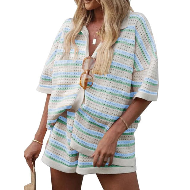 FOCUSNORM Women Pajamas Set 2 Pieces Loungewear Suits Stripe Contrast Color Button Crochet Knit Tops and Shorts Lounge Sets