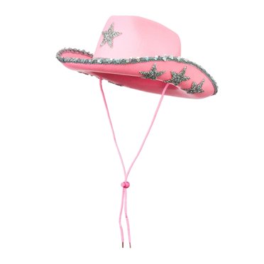Bunblic Chapeau Cowboy Chapeau Cowgirl Strass Casquette à Grand Bord Portable Protection Solaire Chapeau Jazz Chapeau de Fête pour Camping Adultes Femmes Rose